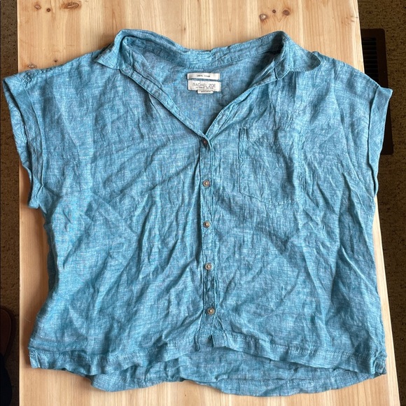 Rachel Zoe Pure Linen Teal Boxy Button-Up Beach Top - Picture 5 of 9